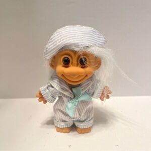 Vintage  5"  Blue striped Pajamas and Hat and Bow Troll Doll  Russ Berrie & Co.